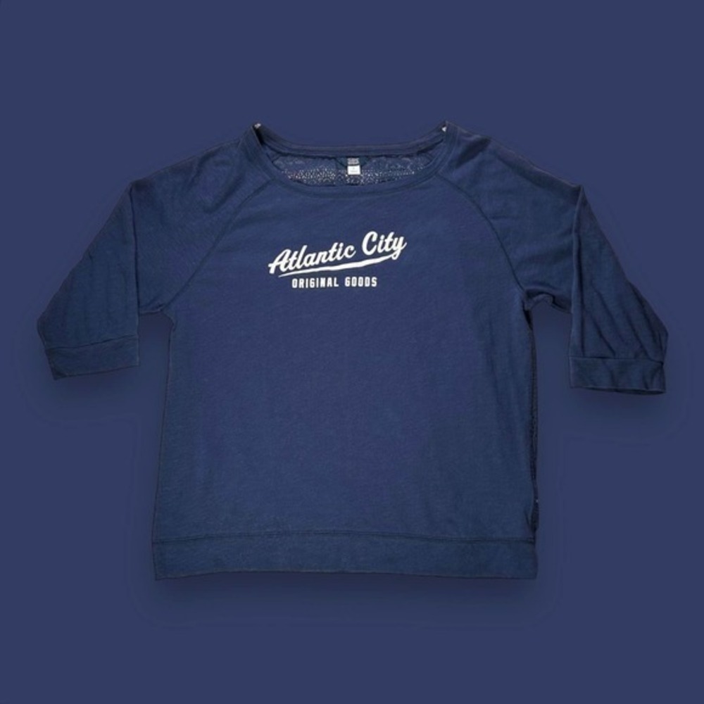 MV Sports Atlantic City Navy Lace Back Destination Tee Size Large - "Alyse"